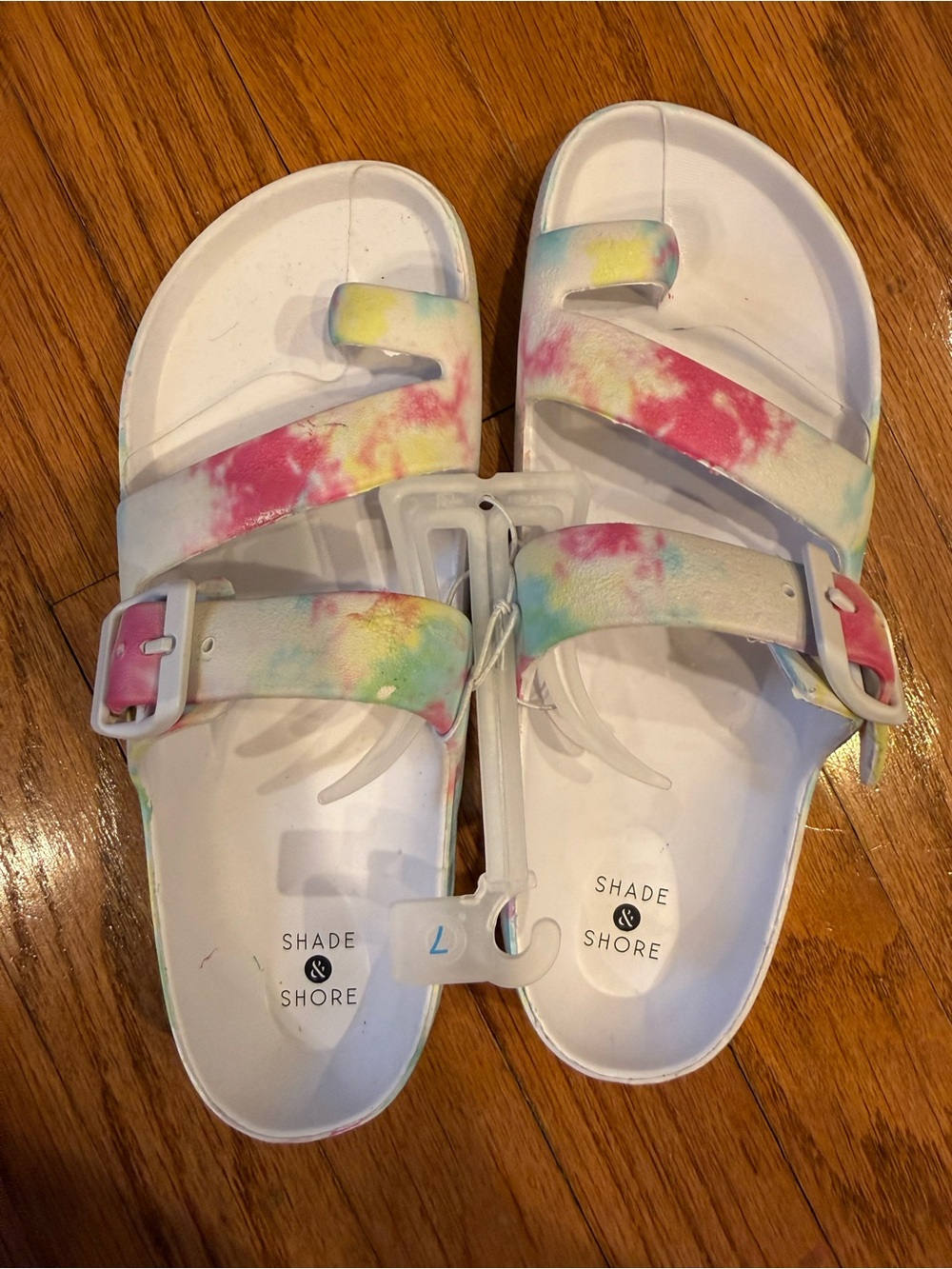 Shade & Shore Kids White Slides with Pink, Yellow & Blue Tie-Dye Accents